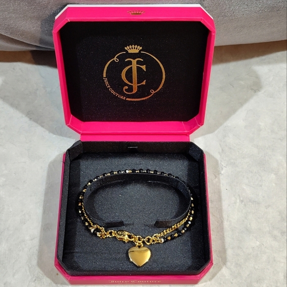JUICY COUTURE BLACK HEART BEAD & GOLD  CHAIN BRACELET WITH HEART CHARM 2-STRAND - Picture 11 of 13